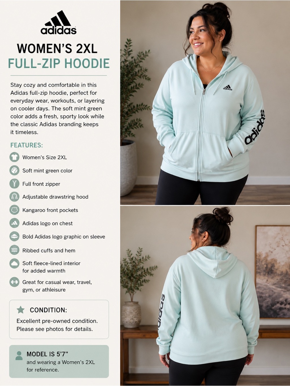 adidas Women's XXL Mint Green Full-Zip Hoodie